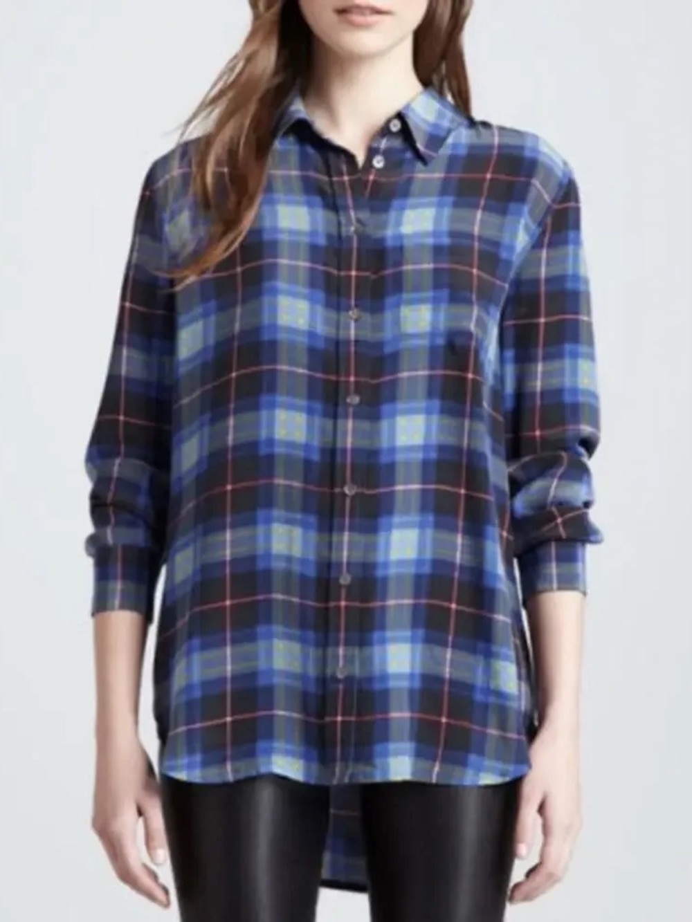 Equipment Femme Blue Plaid Button Down 100% Silk Shirt Size S